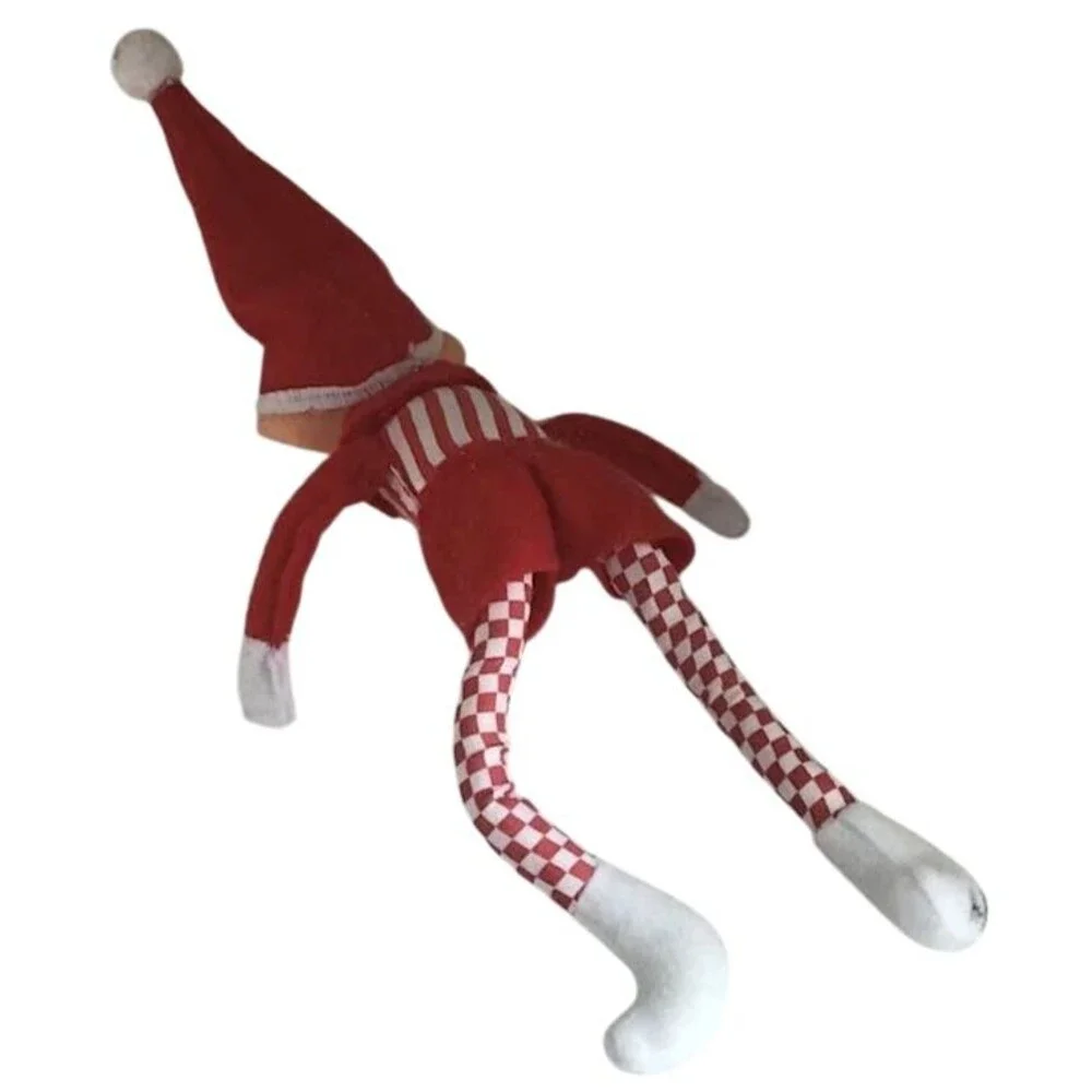 Vintage Christmas Elf Shelf Sitter Red Striped Checks White Plastic Face Stuffed